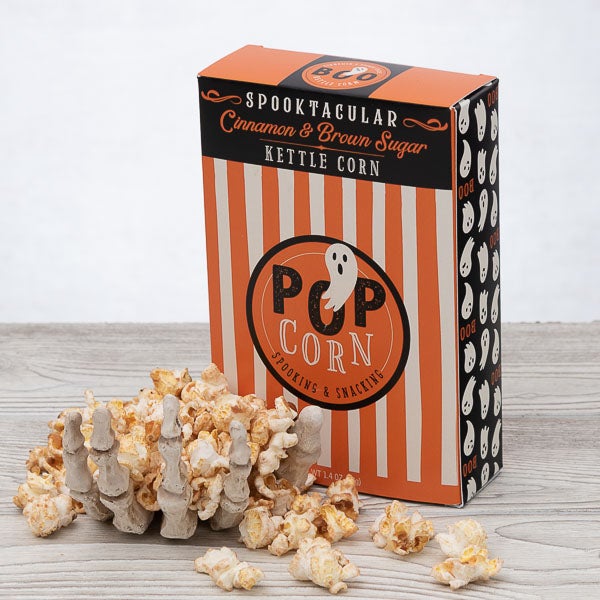 Happy Halloween Crunchy Caramel Popcorn (TALL B&W STRIPE) by GourmetGiftBaskets.com - 8 oz. -        